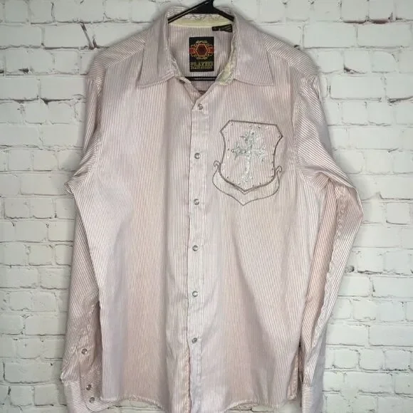 Platini Jeans Cougar Mens Stripe Western Cross Embellished Long Sleeve Shirt L - Picture 1 of 12